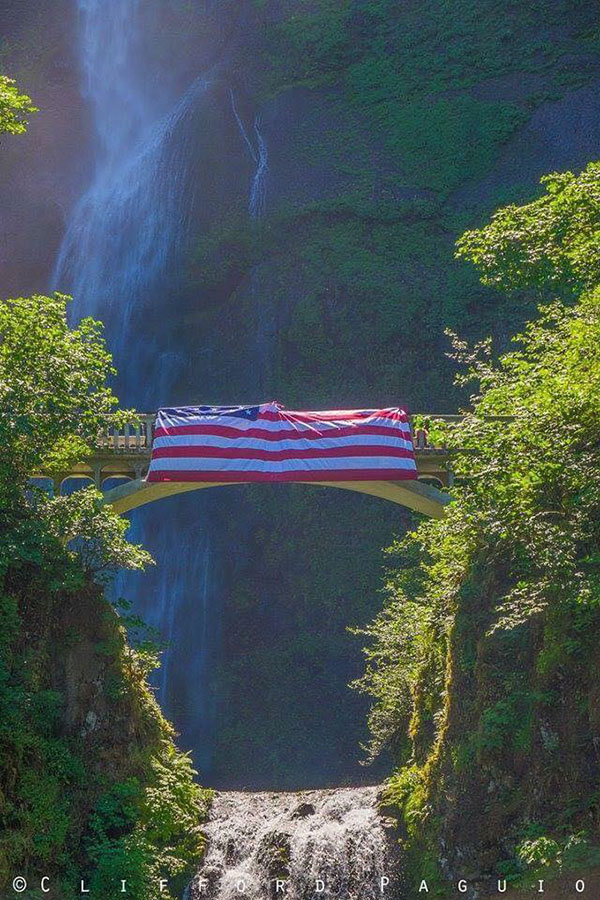 US flag on Multnomah Falls for Memorial Day